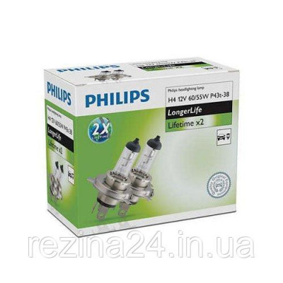 Комплект галогенних ламп Philips LongerLife 2x 12342ELC2 H4 12V 60/55W P43t-38